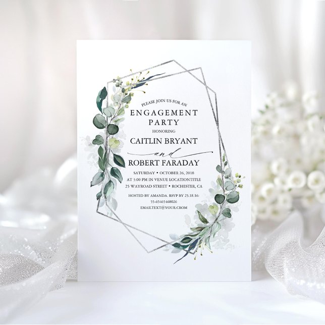 Convite Eucalyptus Greenery Festa de noivado Geométrica (Silver Greenery Engagement Party Invitations)