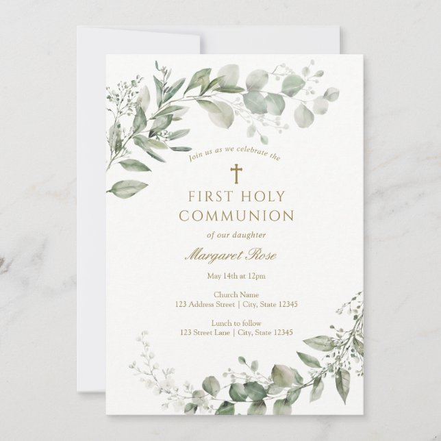 Convite Eucalyptus Greenery First Communion Religious (Frente)