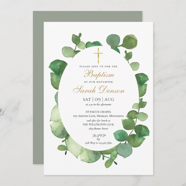 Convite Eucalyptus Greenery Floral Baptism Christening (Frente/Verso)