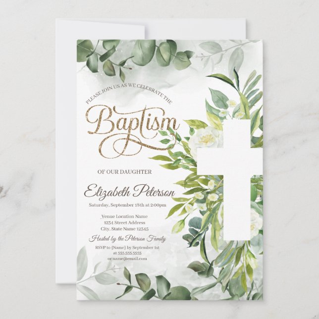 Convite Eucalyptus Greenery Floral Cross Baptism (Frente)