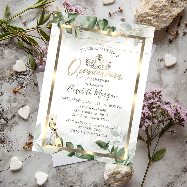 Convite Eucalyptus Greenery Frame Wine Quinceanera (Criador carregado)