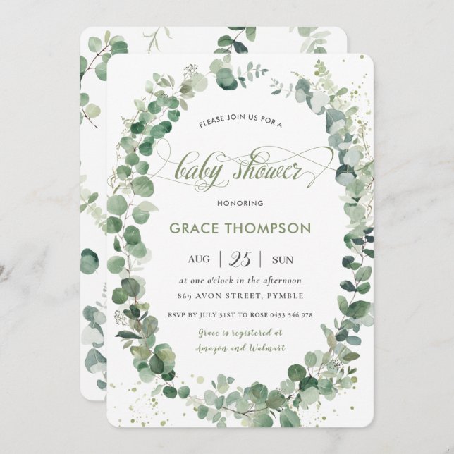 Convite Eucalyptus Greenery Gênero Chá de fraldas neutro (Frente/Verso)