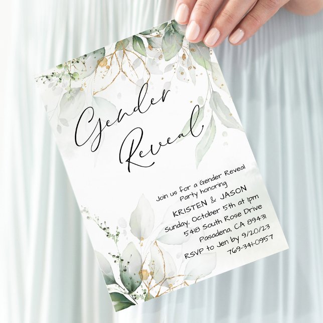 Convite Eucalyptus Greenery Gênero Partido Revelatório (Criador carregado)