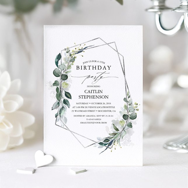 Convite Eucalyptus Greenery Geométrico Aniversário (Eucalyptus Leaves Elegant Birthday Invitation)