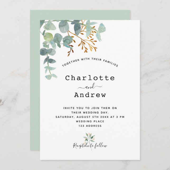 Convite Eucalyptus greenery gold elegant script casamento (Frente/Verso)
