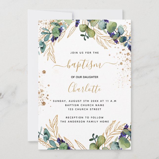 Convite Eucalyptus greenery gold script baptism (Frente)