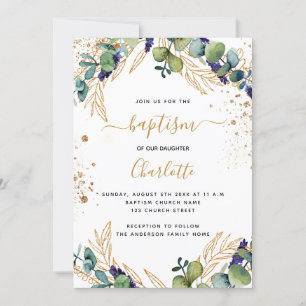 Convite Eucalyptus greenery gold script baptism