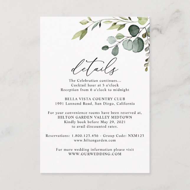 Convite Eucalyptus Greenery Guest Information Details Card (Frente)