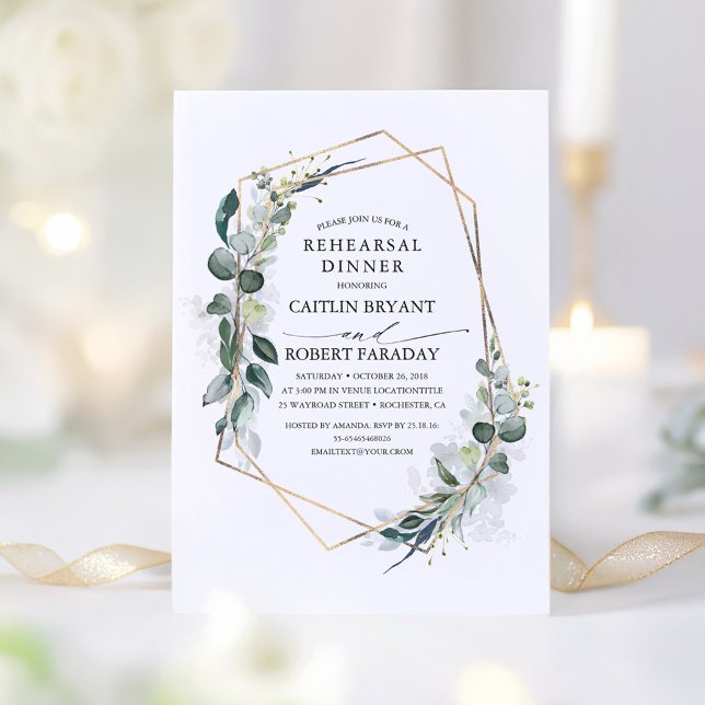 Convite Eucalyptus Greenery Janto de ensaio geométrico (Greenery Elegant Rehearsal Dinner Invitation)