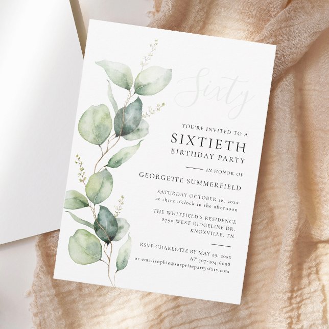 Convite Eucalyptus Greenery Minimalista 60º Aniversário (Eucalyptus Minimalist Modern 60th Birthday Party Invitation)