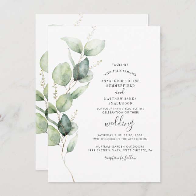 Convite Eucalyptus Greenery Modern Wedding (Frente/Verso)