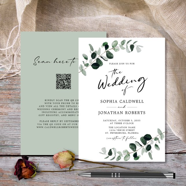 Convite Eucalyptus Greenery QR Code Calliografia Casamento (Wedding Invitation Eucalyptus Greenery QR Code RSVP White and Sage)