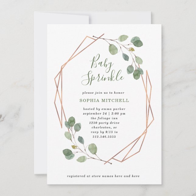 Convite Eucalyptus Greenery Rosa Dourado Geo Baby Sprinkle (Frente)