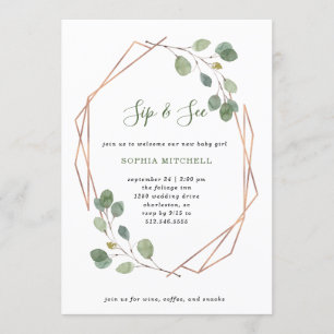 Convite Eucalyptus Greenery Rosa Dourado Geo Sip and See