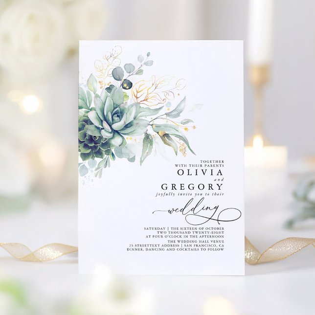 Convite Eucalyptus Greenery Succulents e Casamento Dourado (Succulents Greenery Wedding Invitations)