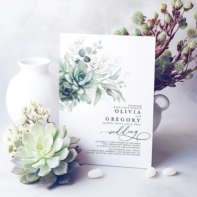 Convite Eucalyptus Greenery Succulents e Silver Wedes (Succulents and Silver Greenery Modern Wedding Invitations)