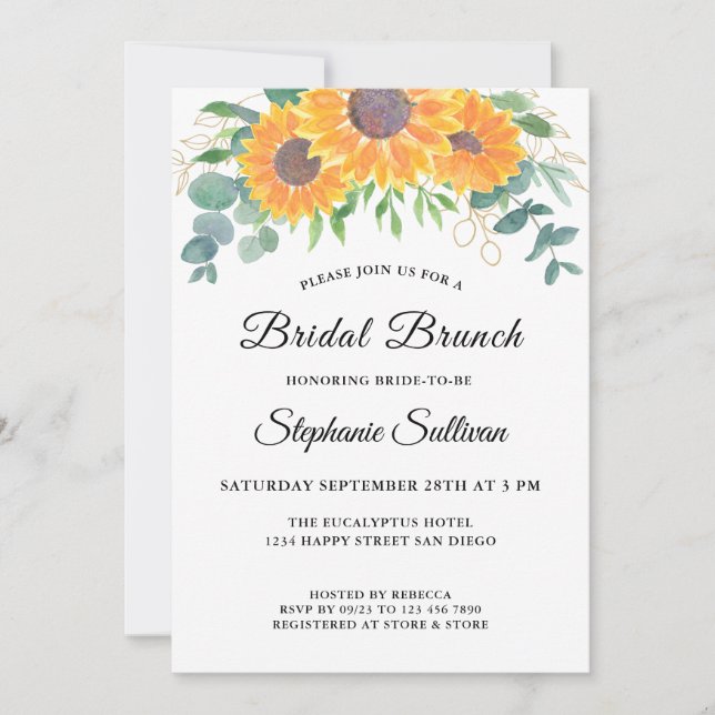 Convite Eucalyptus Greenery Sunflower Bridal Brunch (Frente)