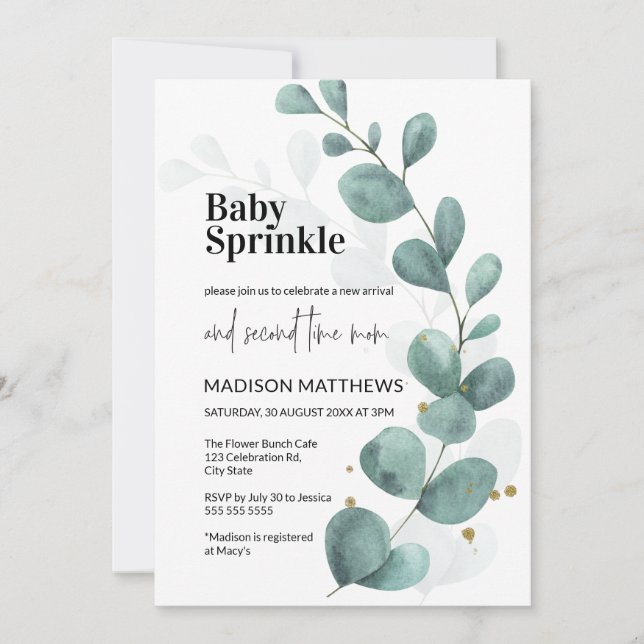 Convite Eucalyptus Greenery Watercolor Baby Sprinkle Invit (Frente)