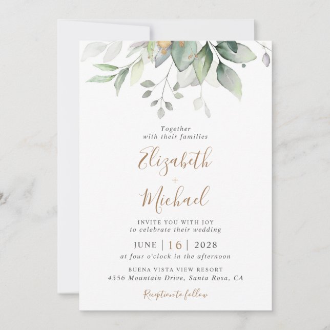 Convite Eucalyptus Greenery Watercolor Código QR Casamento (Frente)