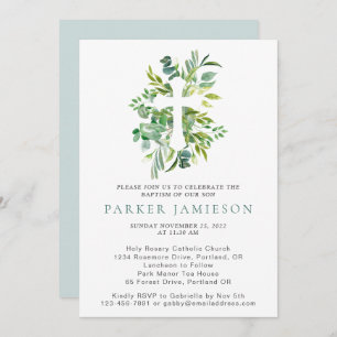 Convite Eucalyptus Greenery Watercolor Cross Baptism Invi
