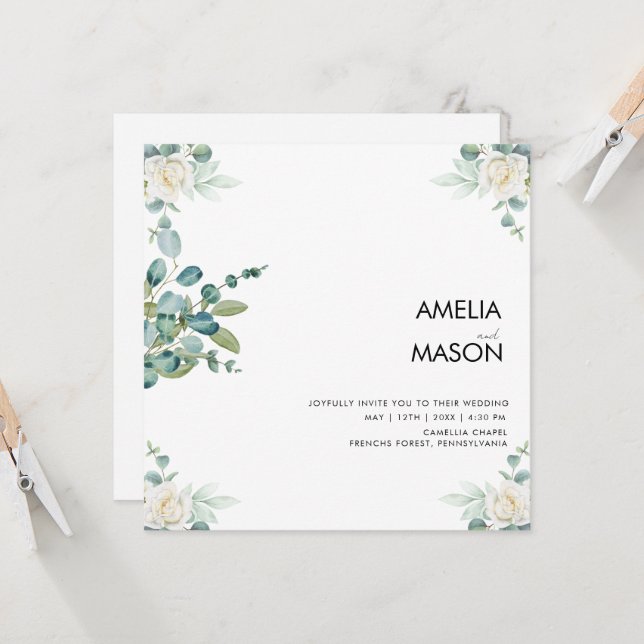 Convite eucalyptus greenery wedding Invitation (Frente/Verso In Situ)