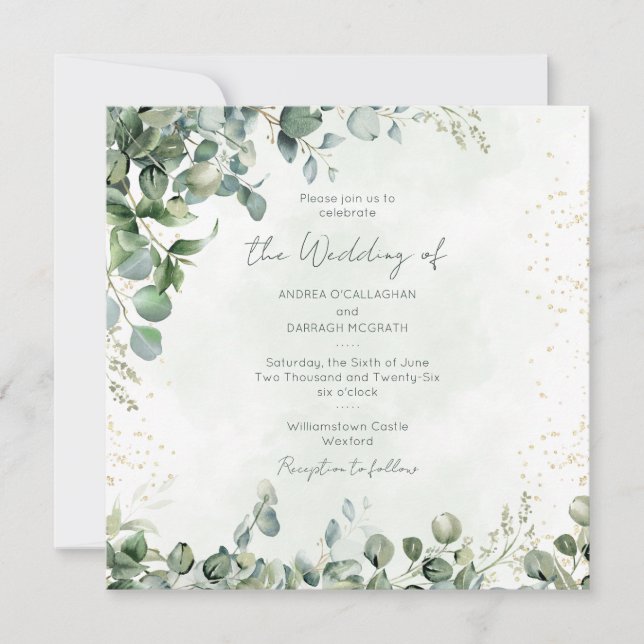 Convite Eucalyptus Greenery Wedding Invitation 1001 Square (Frente)