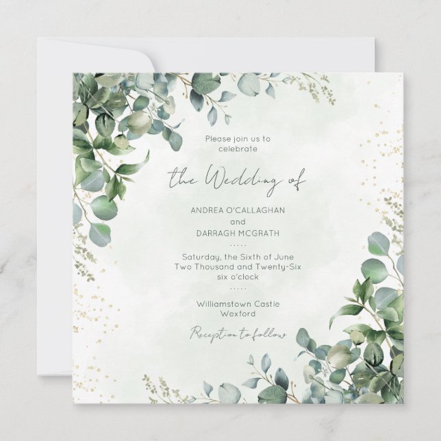 Convite Eucalyptus Greenery Wedding Invitation Square 1001 (Frente)