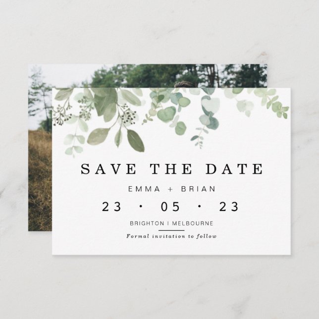 Convite Eucalyptus Greenery Weding The Date Card (Frente/Verso)