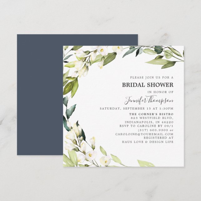 Convite Eucalyptus Greenery White Flowers Chá de panela (Frente/Verso)
