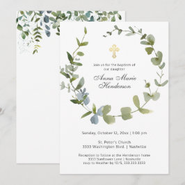 Convite Eucalyptus Greenery Wreath Cross Baptism