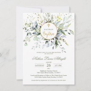 Convite Eucalyptus Herbal Cross Baby Baptism