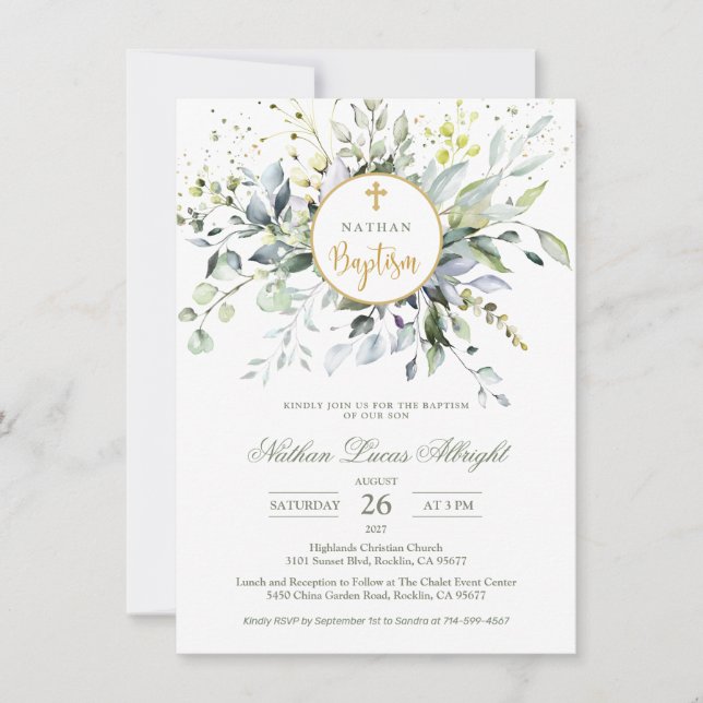 Convite Eucalyptus Herbal Cross Baby Baptism (Frente)