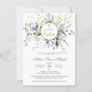 Convite Eucalyptus Herbal Cross Baby Baptism