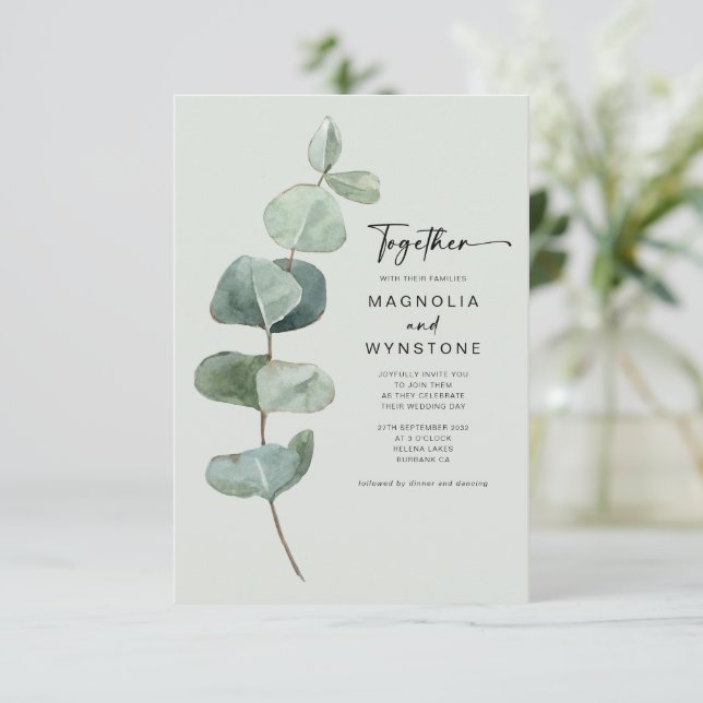 Convite Eucalyptus | Juntos Casamento Moderno (Em pé/Frente)