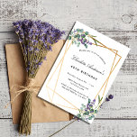 Convite Eucalyptus lavanda aniversário geométrico<br><div class="desc">Um fundo branco na moda na frente. Decorado com eucalipto e lavandas florais. Um quadro geométrico dourado. Personalize e adicione um nome e detalhes. Fundo: fundo colorido de cinza verde.</div>