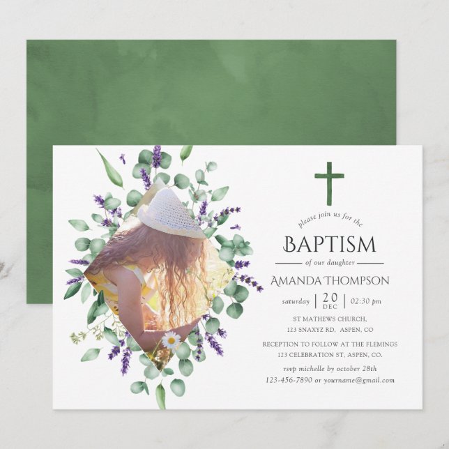 Convite Eucalyptus Lavanda Baptism ou Christening (Frente/Verso)