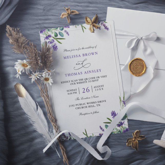 Convite Eucalyptus Lavender Elegant Budget QR Code Wedding (Criador carregado)