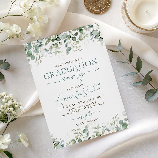 Convite Eucalyptus Leaf Border Graduation Invite (Criador carregado)