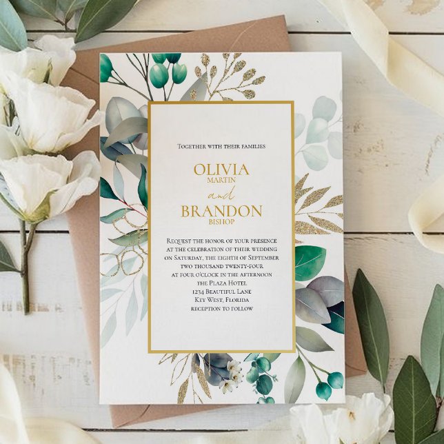 Convite Eucalyptus Leaves & Gold Frame Watercolor Wedding (Criador carregado)