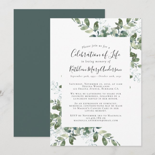 Convite Eucalyptus Memorial Celebração da Vida (Frente/Verso)