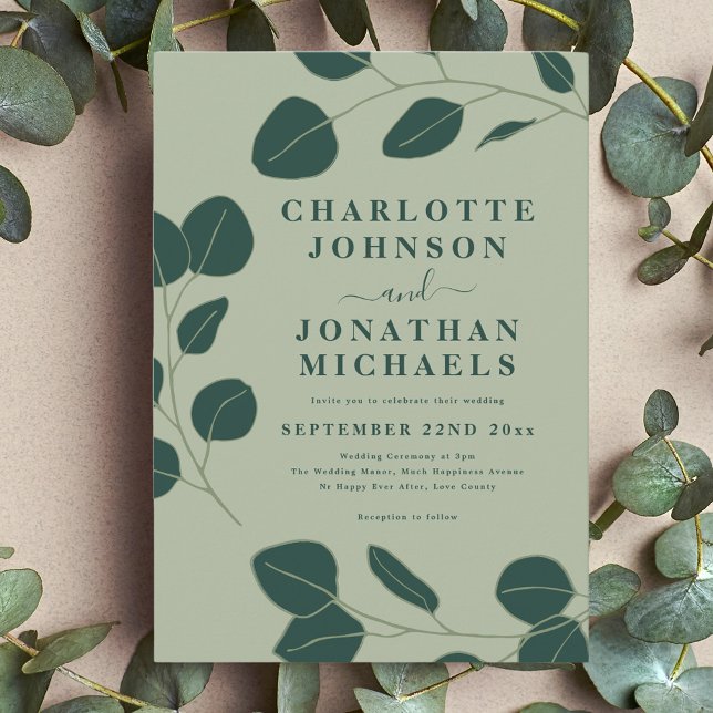 Convite Eucalyptus Minimalista Deixa Casamento Verde (Modern minimalist leaf sage green wedding invitation with stylish elegant typography )