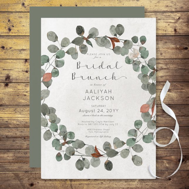 Convite Eucalyptus Modern Bridal Brunch Verde e Rust (Green & Rust Eucalyptus Modern Bridal Brunch Invitation)