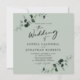 Convite Eucalyptus Modern Calliografia Código QR Casamento