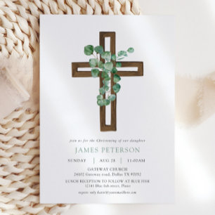 Convite Eucalyptus Modern Cross Christening