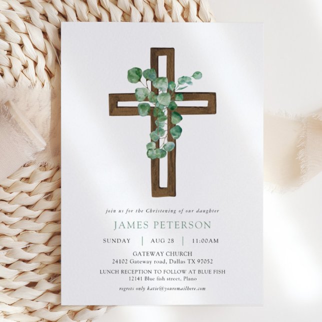 Convite Eucalyptus Modern Cross Christening (Criador carregado)