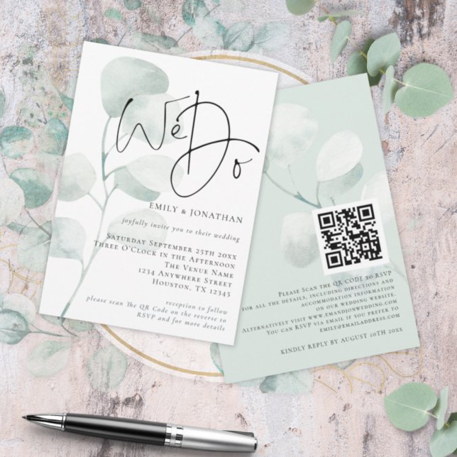 Convite Eucalyptus moderno Casamento de Código QR (Criador carregado)