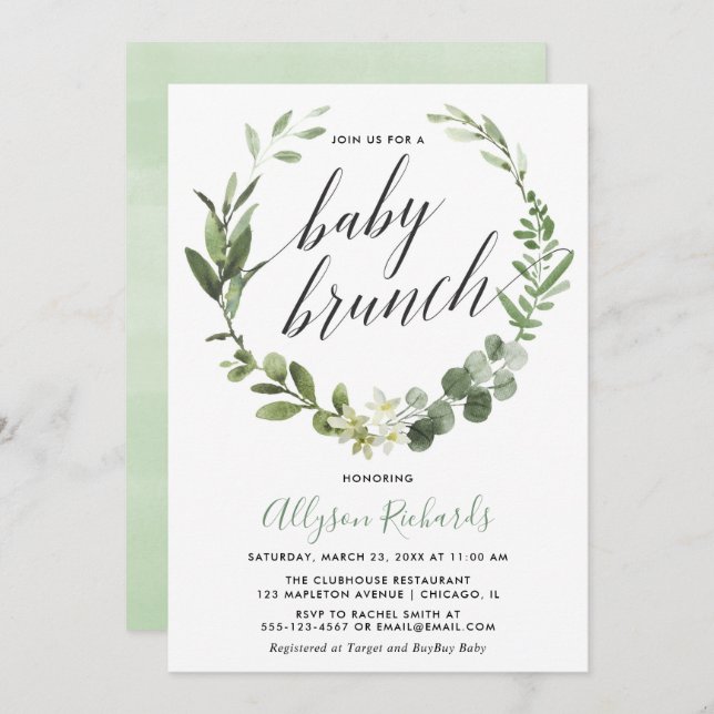 Convite Eucalyptus neutro para bebês (Frente/Verso)