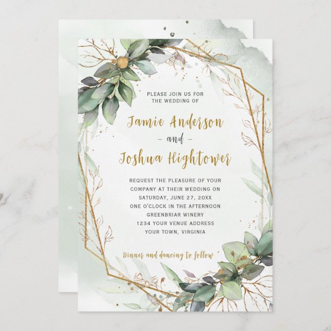 Convite Eucalyptus Ouro Greenery Wedding (Frente/Verso)