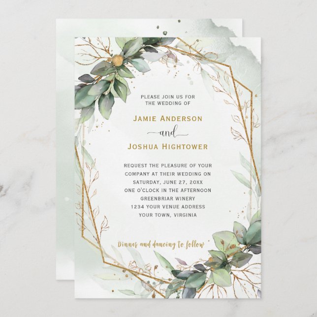 Convite Eucalyptus Ouro Greenery Wedding (Frente/Verso)