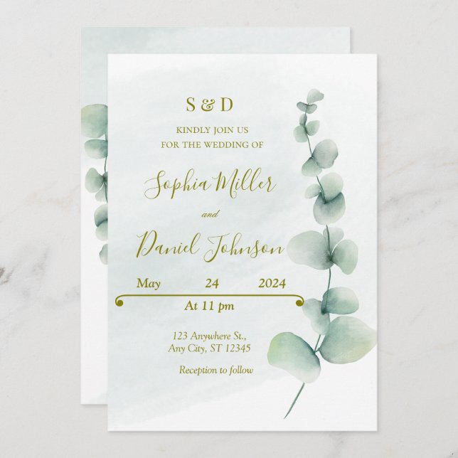 Convite Eucalyptus para Casamento Elegante (Frente/Verso)